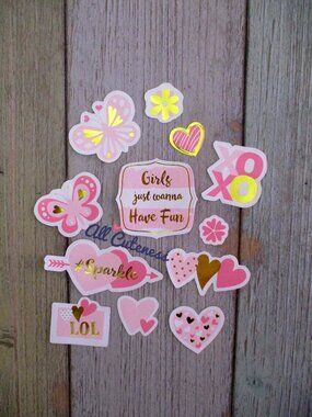 (NWOT) 12pc Pink Sticker Set: Hearts & Butterflies